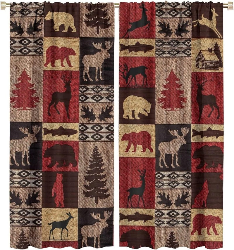 Kazynee Vintage Check Black Bear Rod Pocket Blackout Curtains for Living Room,Room Darkening Rustic Country Farmhouse Cabin Elk Tree Plaid Window Treatment Drapes,2 Panels 63L x 27.5W - Image 1